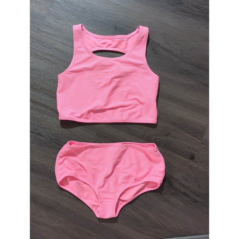 Gap Bikini Pink Swimsuit Large 10-12  Ribbed High Waist Hipster Tank Cut Out Tan
